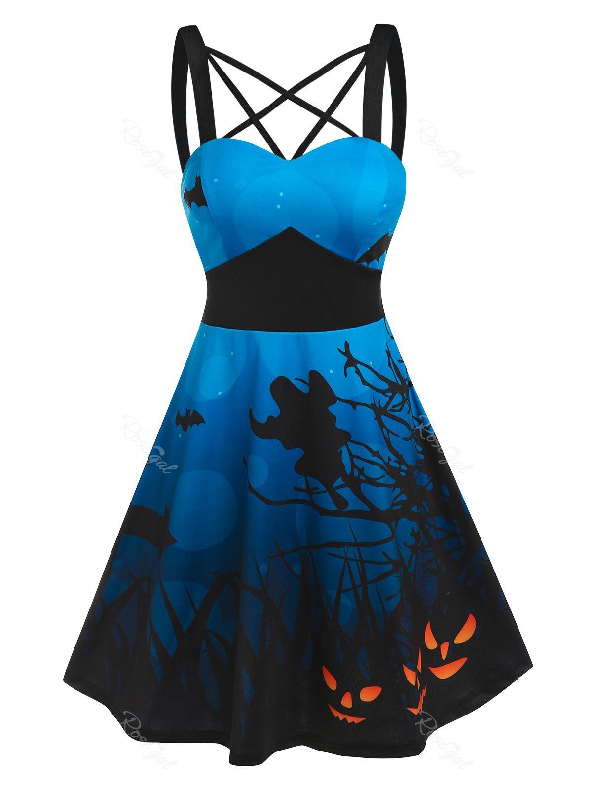 Robe D'Halloween à Imprimé Chauve-souris Citrouille à Bretelle sans Manches Bleu XL