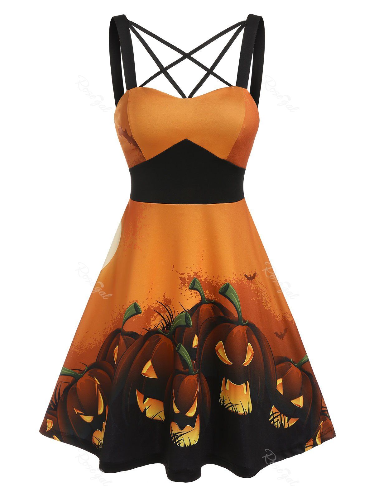 Robe D'Halloween à Imprimé Citrouille à Bretelle sans Manches Orange XL