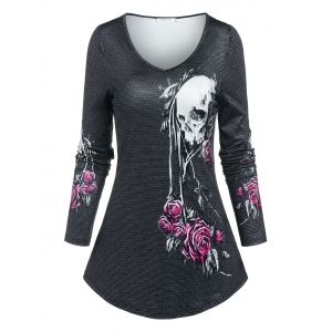 

V Neck Skull Flowers Print T-shirt, Dark gray