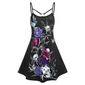 

Skulls Flowers Bird Print O-ring Cami Dress, Black