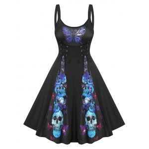 

Butterfly Skull Pattern Lace Up Dress, Black