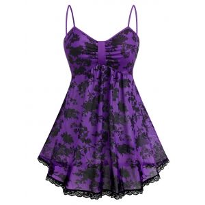 

Plus Size Sheer Mesh Floral Print Babydoll Set, Purple