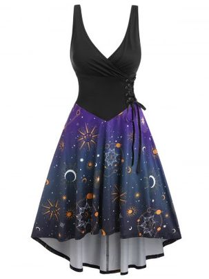 Sun And Moon Print Corset Surplice Dress