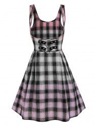 Ombre Color Plaid Suspender Flared Skirt -  