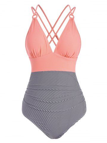 Striped Ruched Crisscross Back Ring One-piece Swimsuit - LIGHT PINK - XXXL