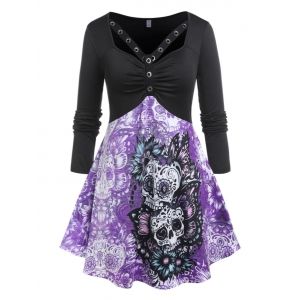 

Plus Size Grommet Halloween Skull Flower Long Sleeve Tee, Black