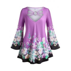 

Plus Size Bell Sleeve O Ring Floral Print Tee, Light purple