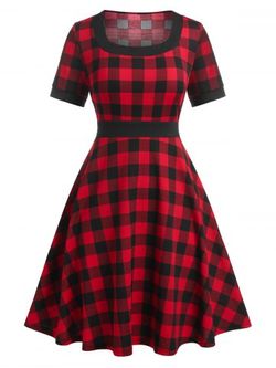 Plus Size Plaid Knee Length 1950s Dress - RED - L
