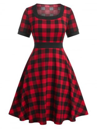 Plus Size Plaid Knee Length 1950s Dress