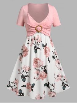 Plus Size Floral Print Crossover Twofer Cottagecore Dress - LIGHT PINK - 1X