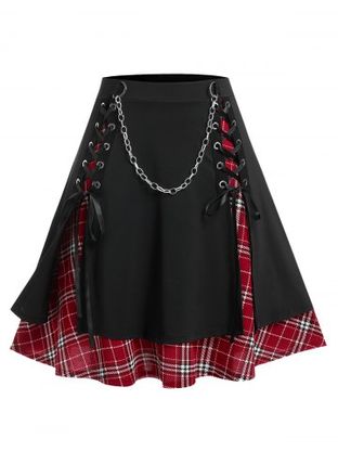 Plus Size Gothic Chains Lace Up Layered Plaid Skirt