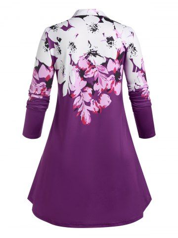 Plus Size Flower Half Button Placket Tunic Shirt