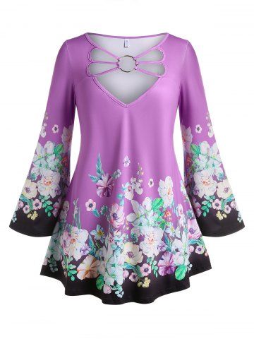 Plus Size Bell Sleeve O Ring Floral Print Tee - LIGHT PURPLE - 1X