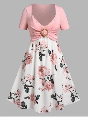 Plus Size Floral Print Crossover Twofer Cottagecore Dress - LIGHT PINK - L