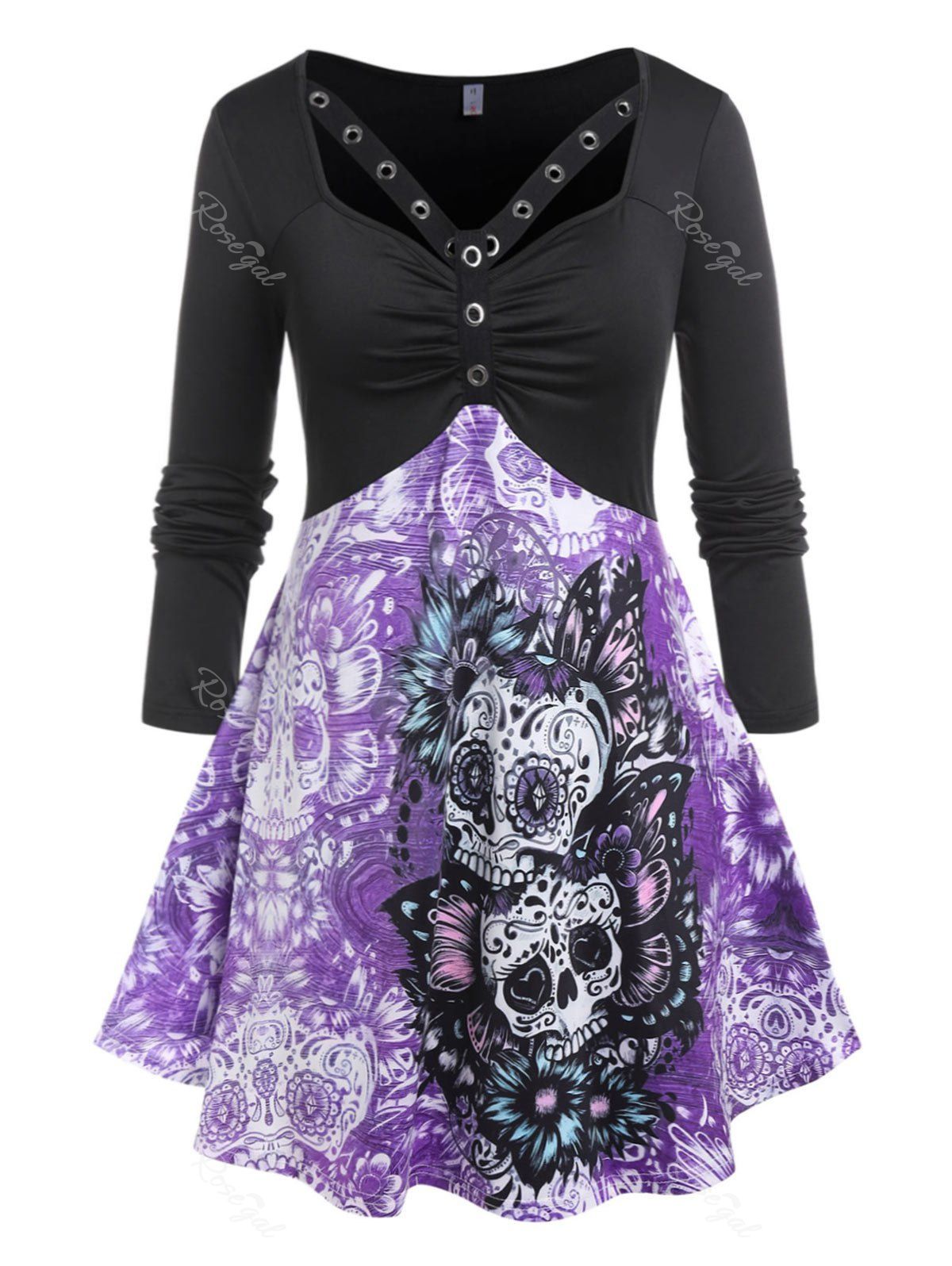 Outfits Plus Size Grommet Gothic Skull Flower Long Sleeve Tee  