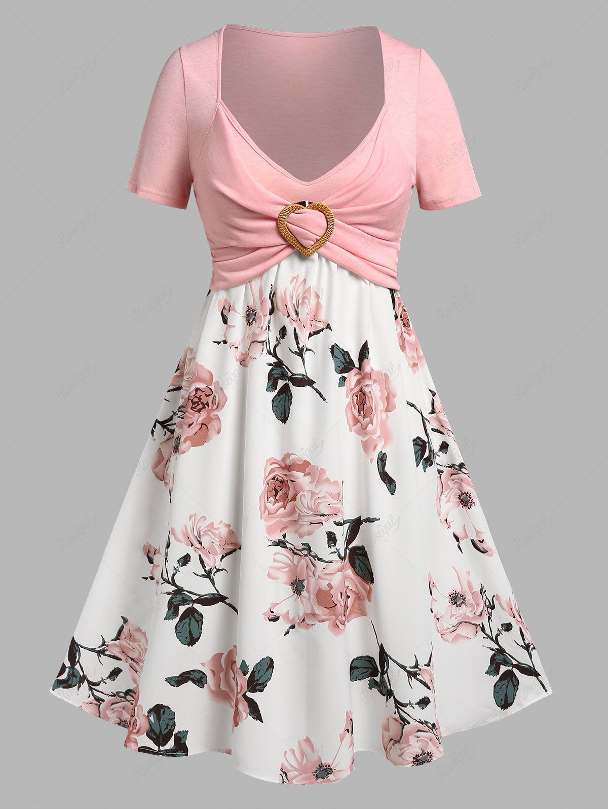 Cheap Plus Size Floral Print Crossover Twofer Cottagecore Dress  