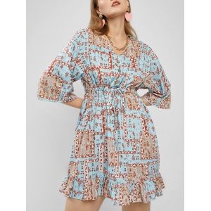 

Plus Size Patchwork Print Waist Button Placket Drawstring Ruffle Dress, Light blue