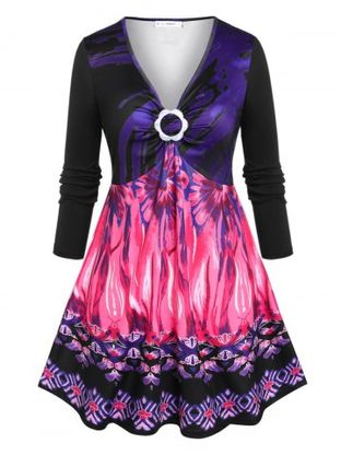 Plus Size Flower Ring Printed Skirted Tunic T-shirt
