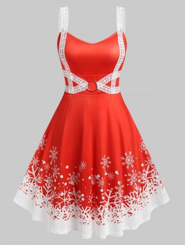 Plus Size Snowflake Print Lace Panel Christmas Dress - RED - L