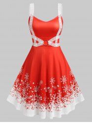 Plus Size Snowflake Print Lace Panel Christmas Dress -  