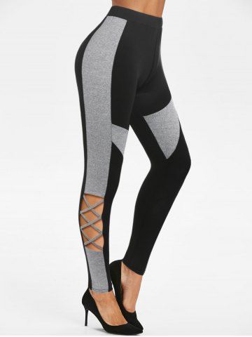 High Waisted Cut Out Criss-cross Contrast Pants - BLACK - XXL