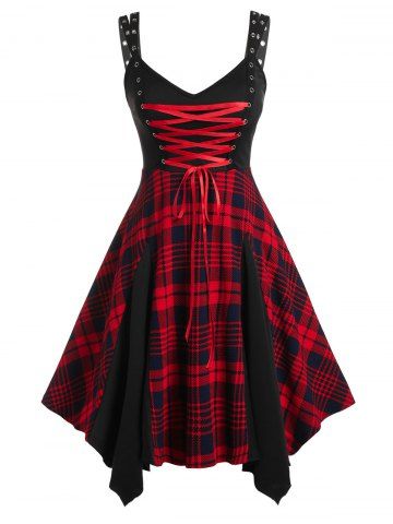 Plus Size Gothic Plaid Lace Up Hanky Hem Godet Grommet Midi Dress - RED - L