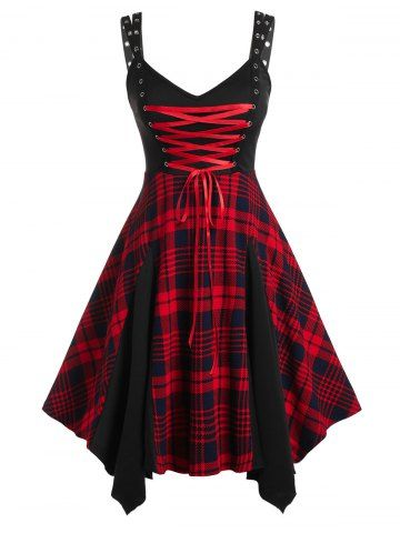 Plus Size Gothic Plaid Lace Up Hanky Hem Godet Grommet Midi Dress - RED - 1X