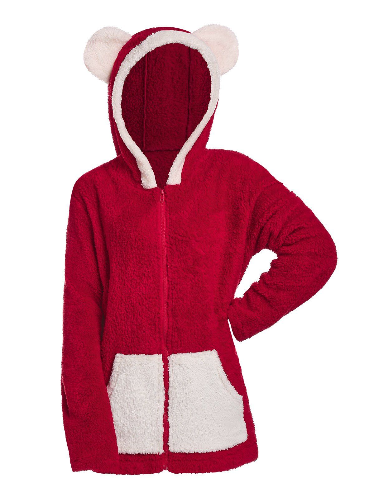 Shop Plus Size Christmas Colorblock Hooded Fuzzy Faux Fur Coat  