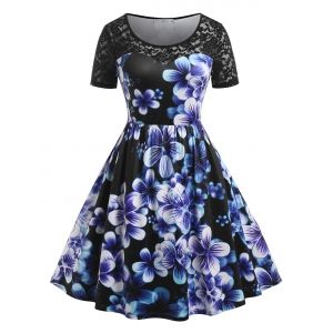 

Plus Size Lace Panel Floral Print Knee Length Dress, Multi
