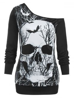 Skull Bat Print Skew Neck T Shirt - BLACK - XXXL