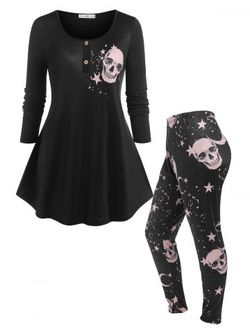Plus Size Halloween Skull Print Pajamas Set - BLACK - L