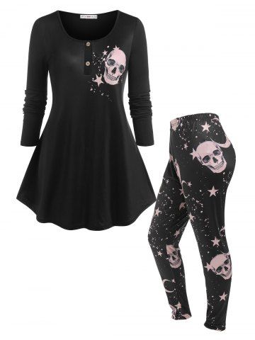 Plus Size Halloween Skull Print Pajamas Set - BLACK - 3X
