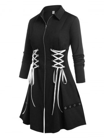 Plus Size Lace Up Zipper A Line Grommet Coat - BLACK - L