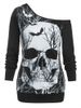 Skull Bat Print Skew Neck T Shirt -  