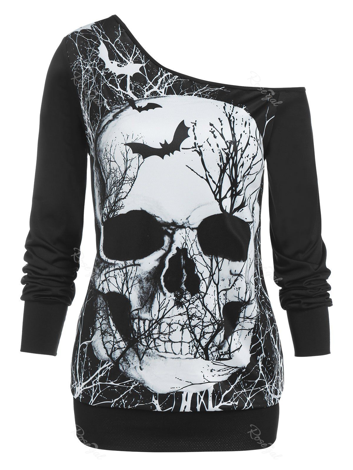 Hot Skull Bat Print Skew Neck T Shirt  