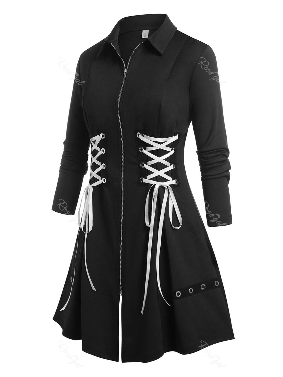 Unique Plus Size Lace Up Zipper A Line Grommet Coat  