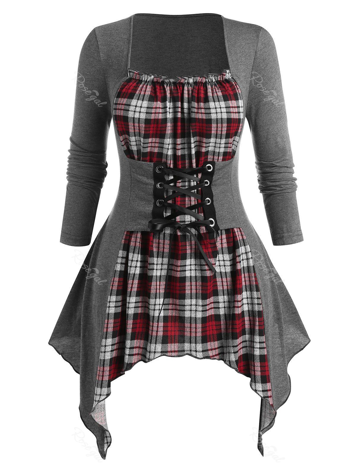 Affordable Plus Size Handkerchief Plaid Lace Up Tee  