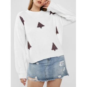 

Plus Size Crew Neck Metallic Thread Trees Sweater, White