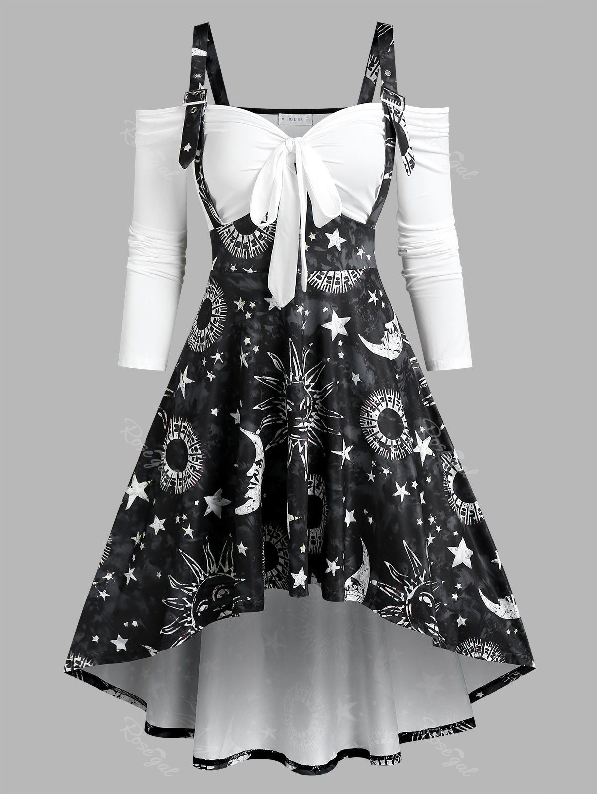 Online Cold Shoulder Sun Moon Stars Print Faux Twinset Dress  
