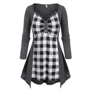 

Plus Size Plaid Space Dye Frilled Ruched Bust Tee, Gray