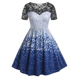 

Plus Size Polka Dot Lace Panel Flare Dress, Multi