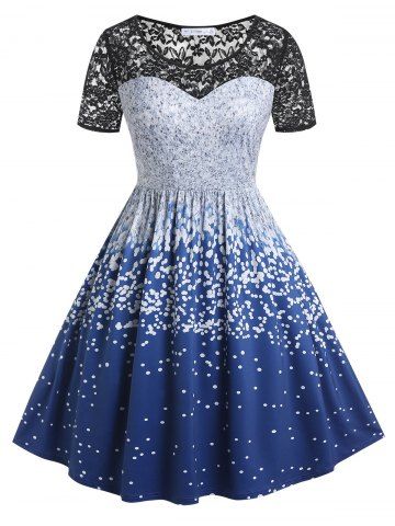 Plus Size 50s Polka Dot Lace Panel Flare Dress - MULTI - L