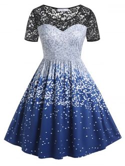 Plus Size 50s Polka Dot Lace Panel Flare Dress - MULTI - 1X