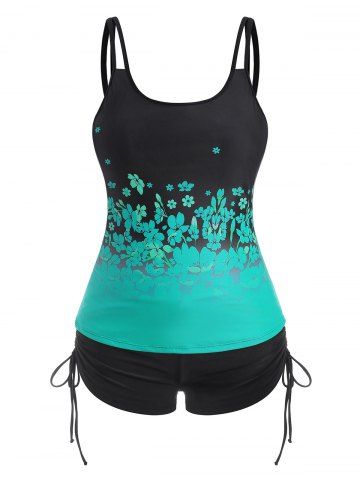 Tankini de Tiras con Estampado de Flores de Talla Extra - BLACK - 2X