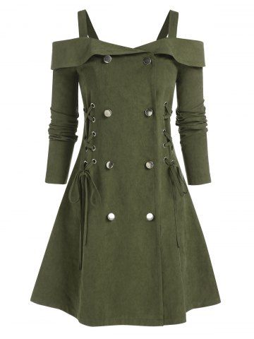 Cold Shoulder Button Up Lace-up Dress - DEEP GREEN - XXXL