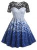 Plus Size Polka Dot Lace Panel Flare Dress -  