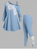 Ensemble de Pantalon Applique Fleur Côtelé de Grande Taille à Col Oblique - Bleu clair 5X