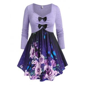 

Plus Size Flower Butterfly Bowknot Draped Skirted Tee, Purple