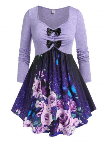 Plus Size Flower Butterfly Bowknot Draped Skirted Tee - PURPLE - 3X