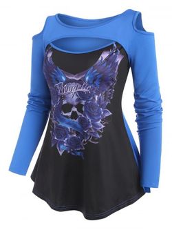 Skull Flower Wing Print Open Shoulder Cutout T Shirt - BLUE - M